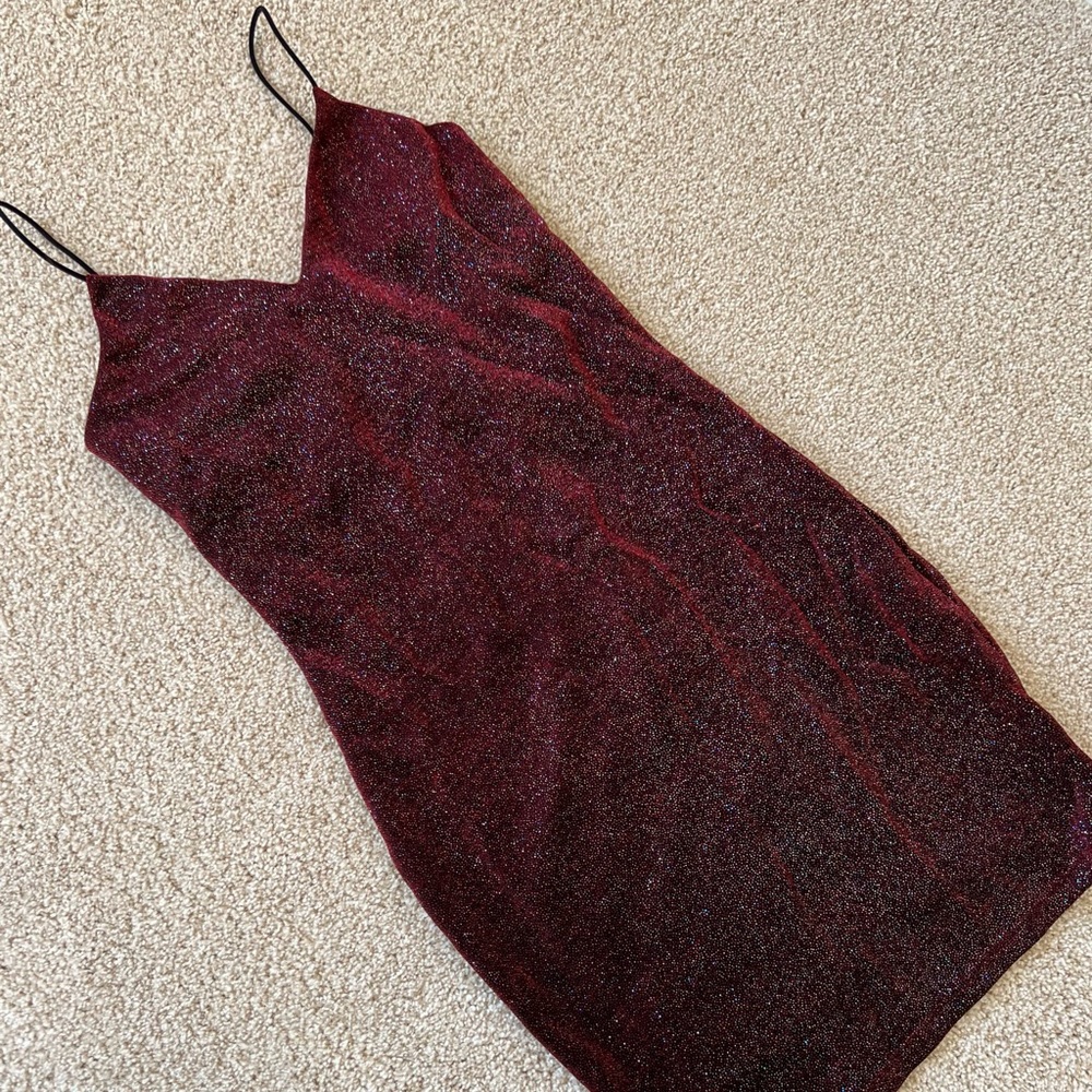 Olive Tree Burgundy Red Metallic Glitter Spaghetti Strap String Mini Dress Small